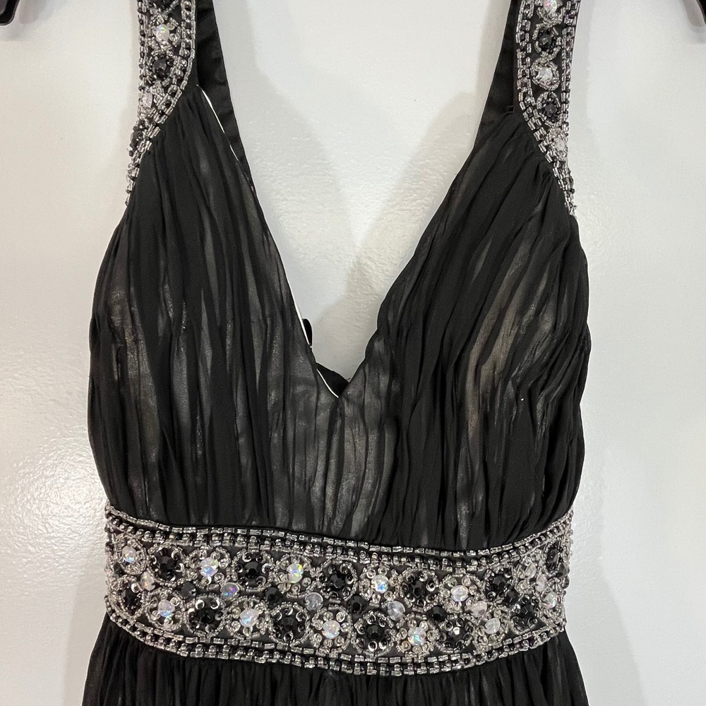 Night Scene Black Crinkle Chiffon Beaded Empire Waist Cocktail Dress XL Womens
